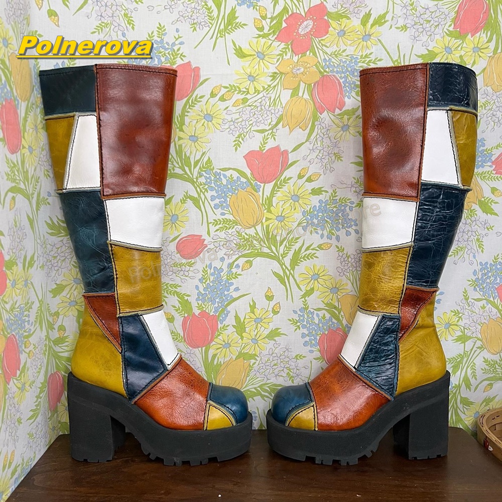 Vintage Fashion Style - 여성 레트로 패치워크 가죽 니하이 부츠