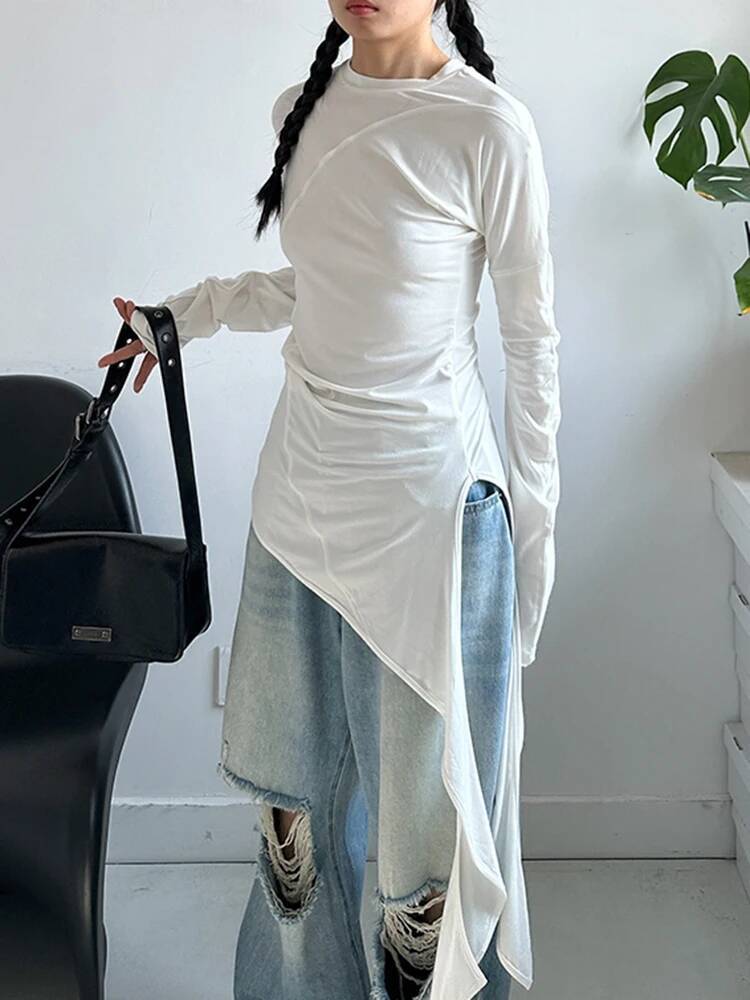 Vintage Fashion Build - Hem 여성 흰색 불규칙한 우아한 긴