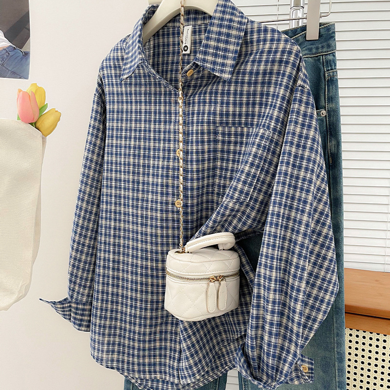 Vintage Fashion - 한국 스타일 빈티지 체크 셔츠 새로운