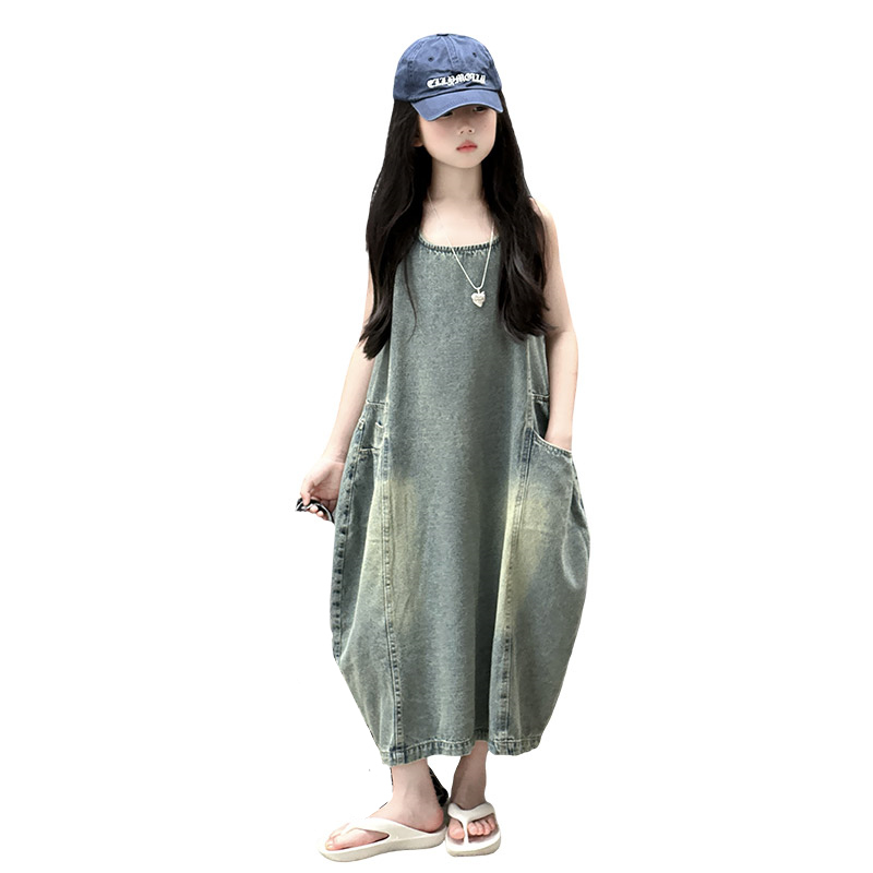 Vintage Fashion Girl - 빈티지 블루 어린이 소녀 고품질 민소매