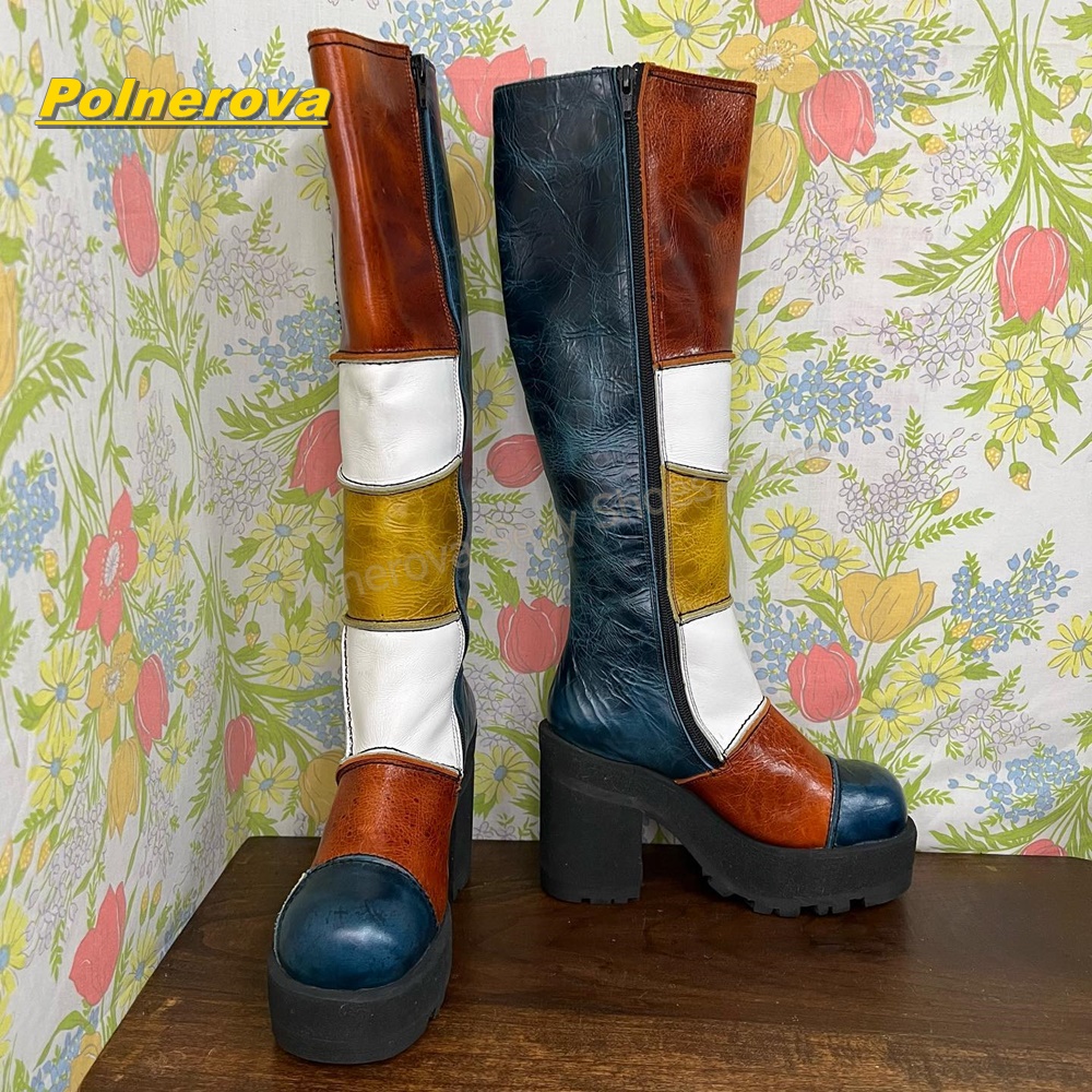 여성 레트로 패치워크 가죽 니하이 부츠 컬러 블록 청키 - Vintage Fashion Style 리뷰 및 가격