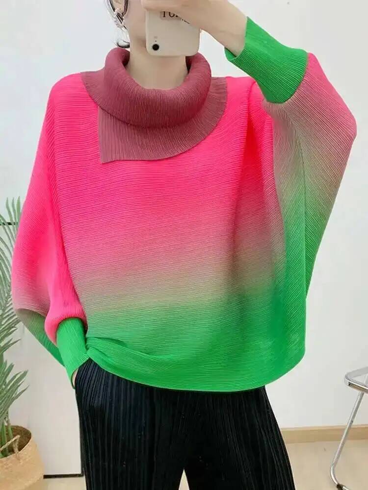 여성용 플리츠 티셔츠 그라디언트 라펠 긴 소매 배트윙  - Vintage Fashion Build 리뷰 및 가격
