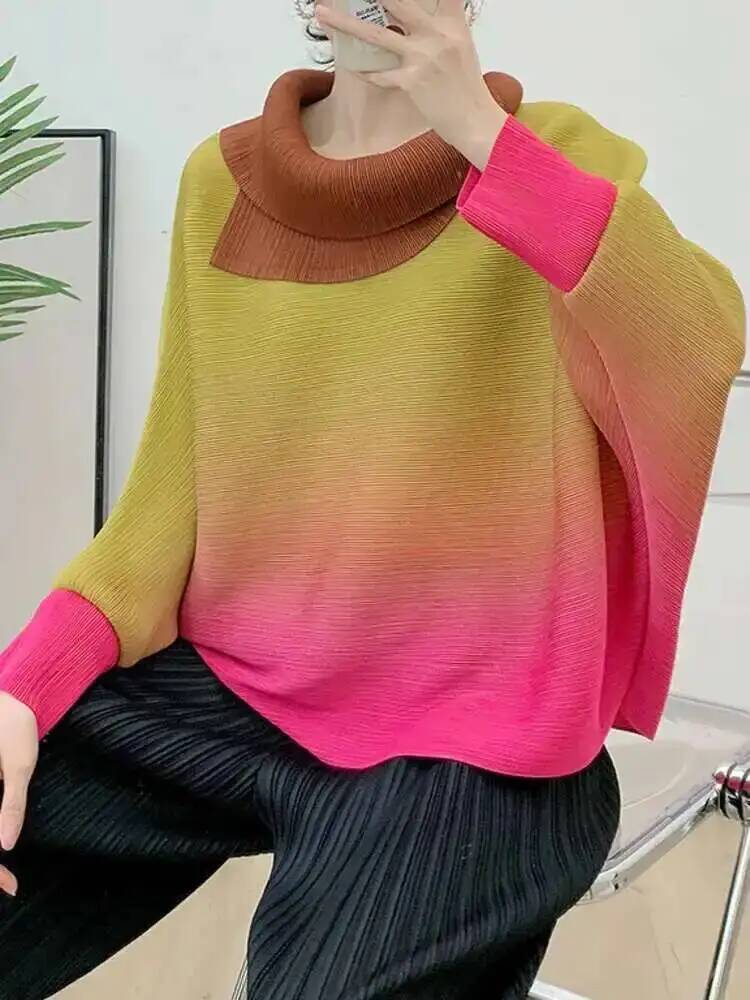 여성용 플리츠 티셔츠 그라디언트 라펠 긴 소매 배트윙  - Vintage Fashion Build 리뷰 및 가격