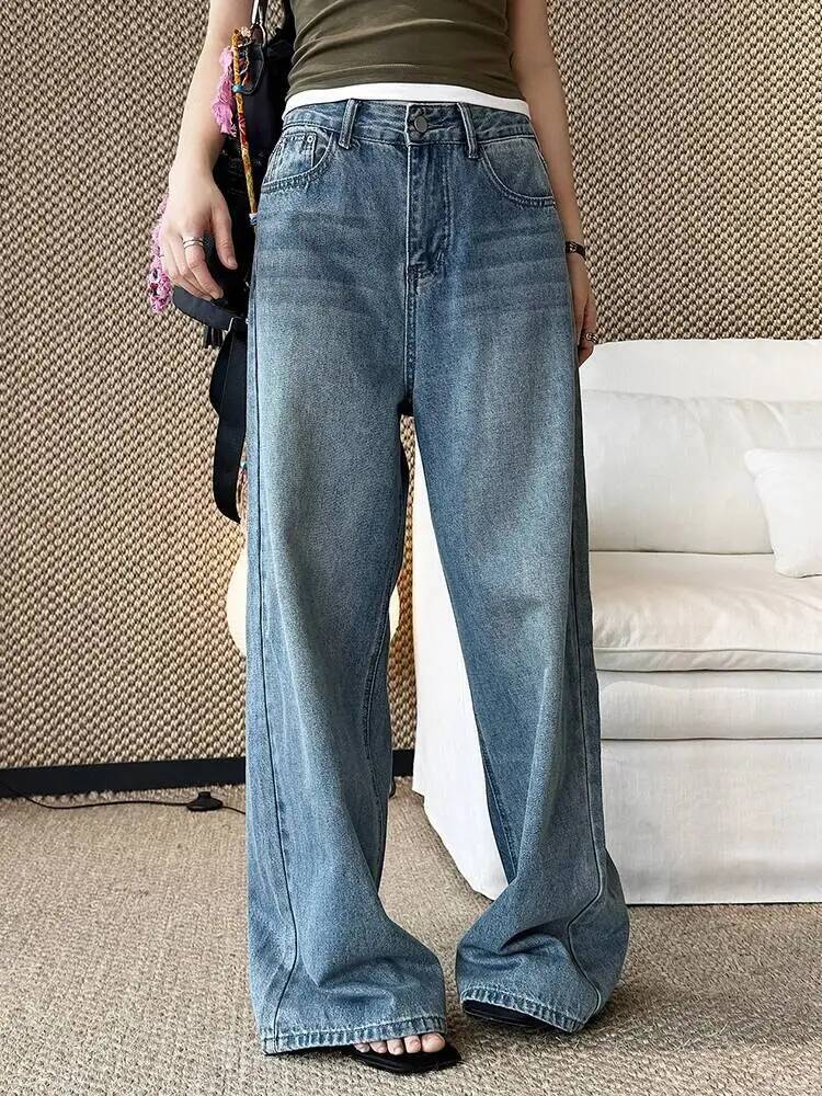 허리 그레이 데님 하이 빈티지 롱 캐주얼 와이드 레그  - Vintage Fashion Build 리뷰 및 가격
