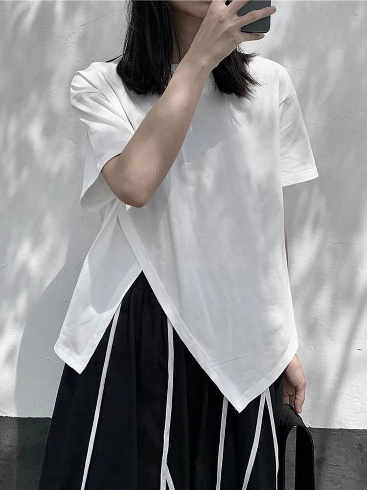 불규칙한 여성용 흰색 슬릿 밑단 빅사이즈 캐주얼 티셔츠 - Vintage Fashion Build 리뷰 및 가격